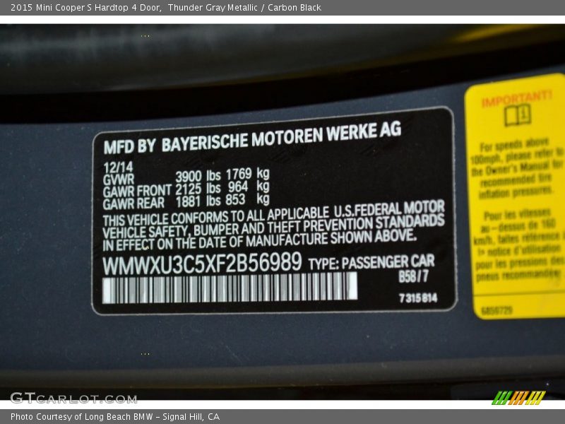 Thunder Gray Metallic / Carbon Black 2015 Mini Cooper S Hardtop 4 Door