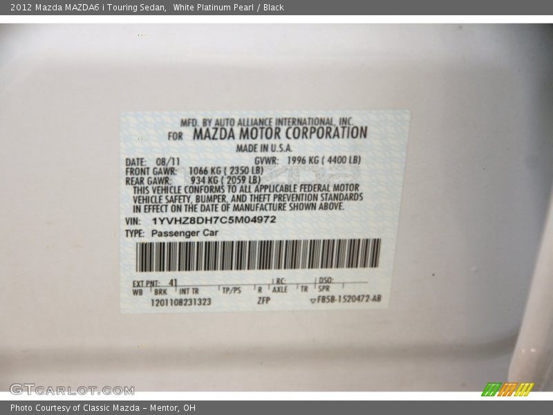 White Platinum Pearl / Black 2012 Mazda MAZDA6 i Touring Sedan