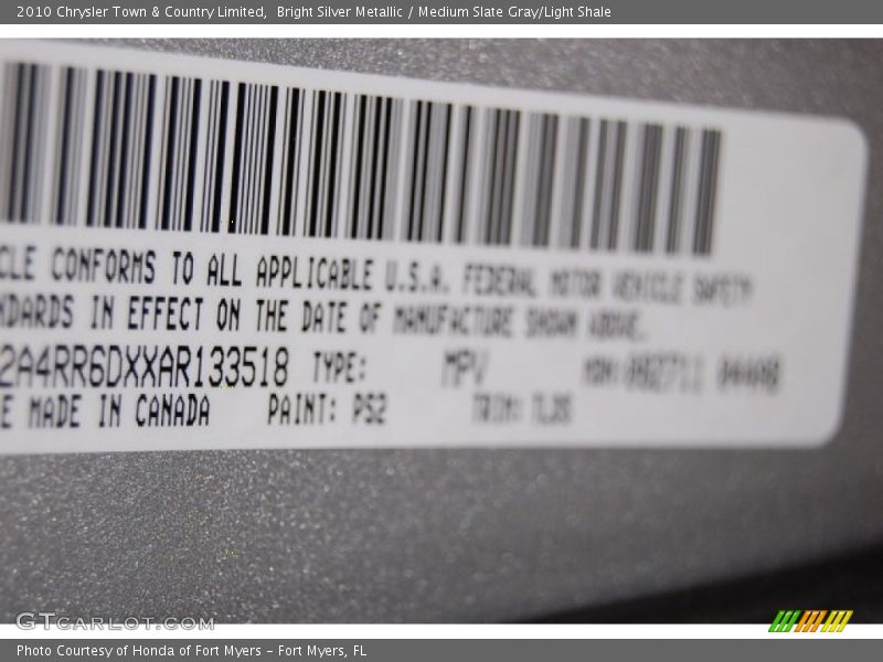 Bright Silver Metallic / Medium Slate Gray/Light Shale 2010 Chrysler Town & Country Limited
