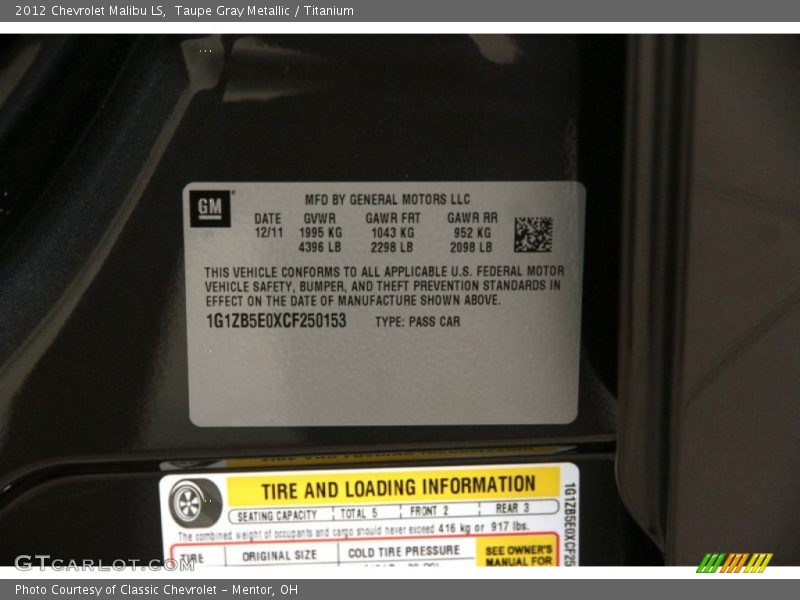 Taupe Gray Metallic / Titanium 2012 Chevrolet Malibu LS