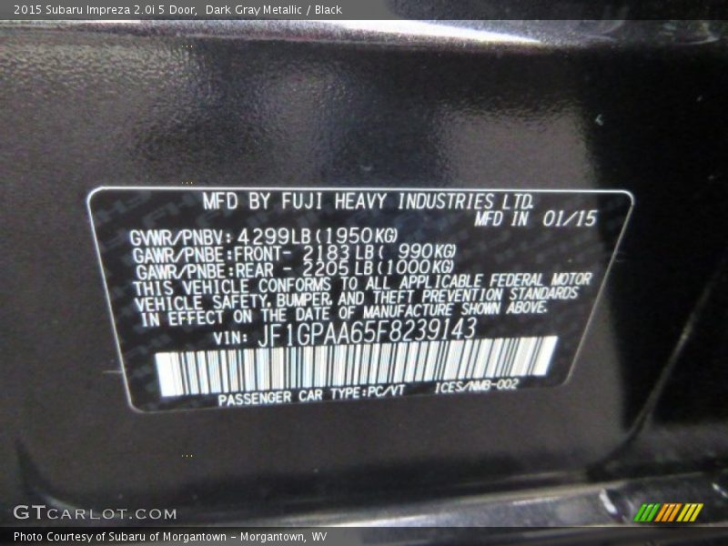 Dark Gray Metallic / Black 2015 Subaru Impreza 2.0i 5 Door