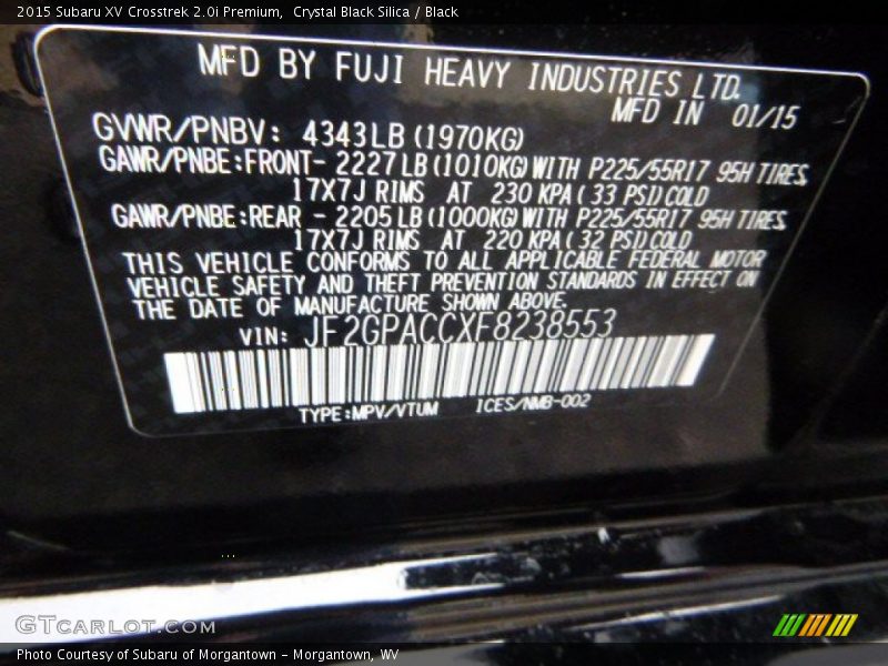 Crystal Black Silica / Black 2015 Subaru XV Crosstrek 2.0i Premium