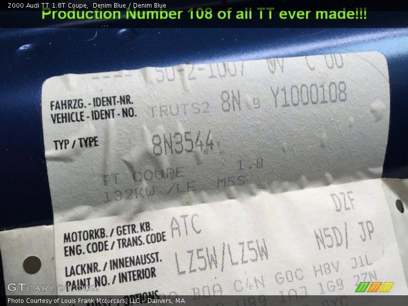 2000 TT 1.8T Coupe Denim Blue Color Code LZ5W