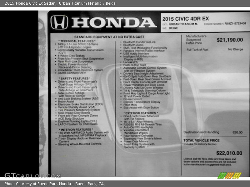 Urban Titanium Metallic / Beige 2015 Honda Civic EX Sedan