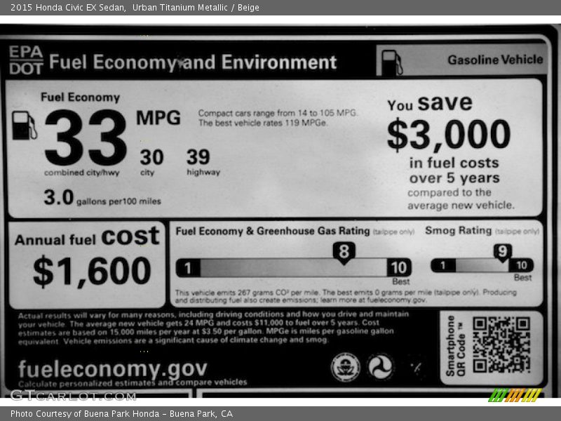 Urban Titanium Metallic / Beige 2015 Honda Civic EX Sedan