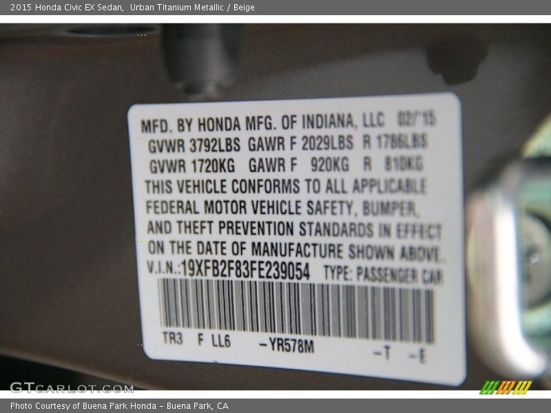 Urban Titanium Metallic / Beige 2015 Honda Civic EX Sedan