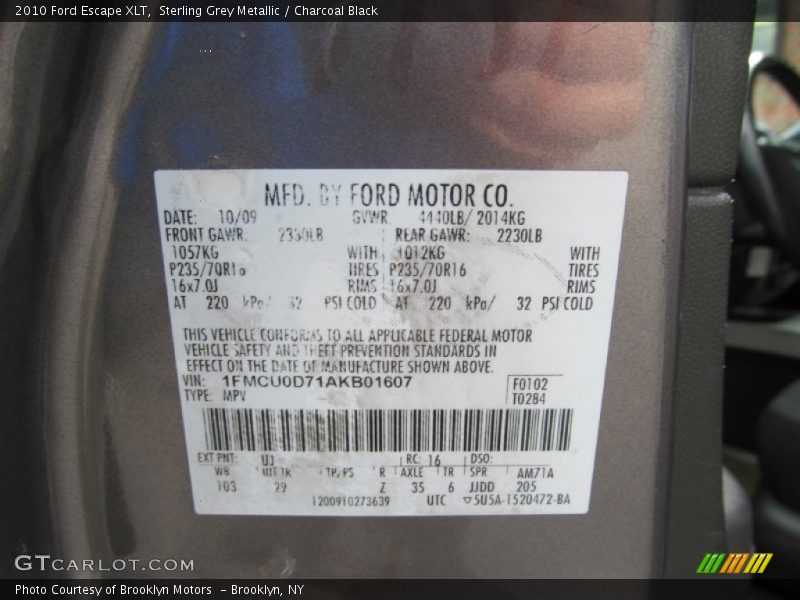 Sterling Grey Metallic / Charcoal Black 2010 Ford Escape XLT