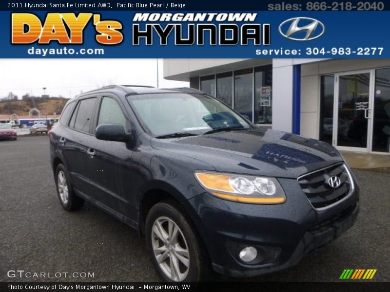 Pacific Blue Pearl / Beige 2011 Hyundai Santa Fe Limited AWD