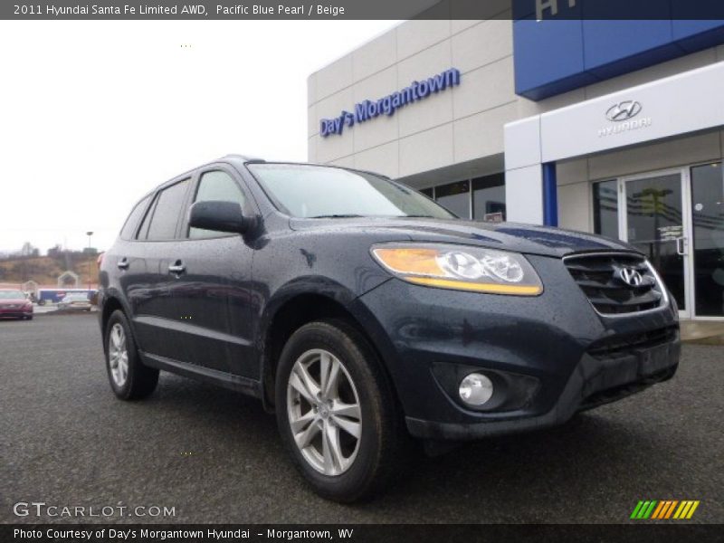 Pacific Blue Pearl / Beige 2011 Hyundai Santa Fe Limited AWD