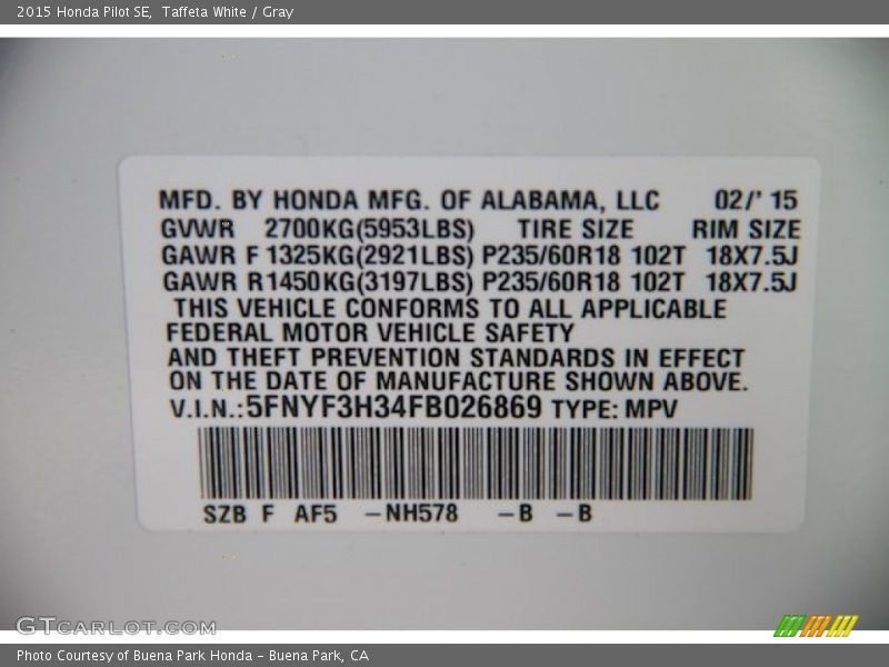 Taffeta White / Gray 2015 Honda Pilot SE