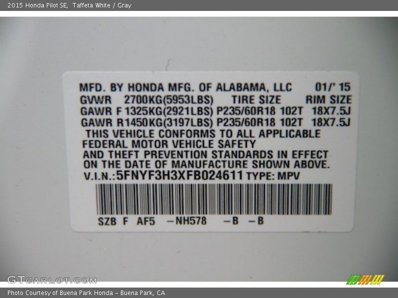 Taffeta White / Gray 2015 Honda Pilot SE