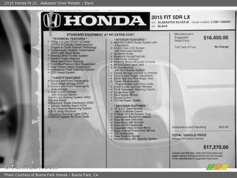 Alabaster Silver Metallic / Black 2015 Honda Fit LX