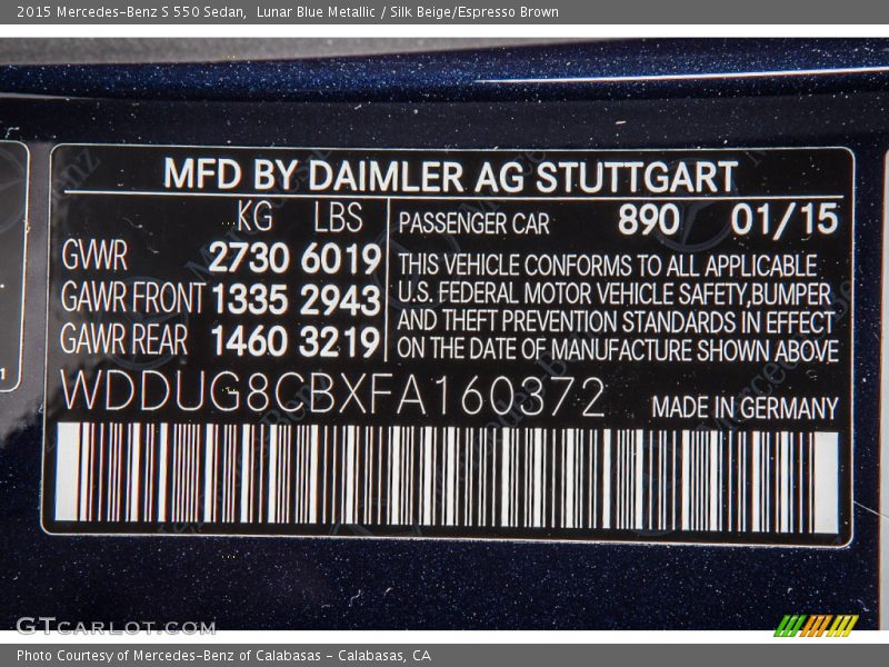 2015 S 550 Sedan Lunar Blue Metallic Color Code 890