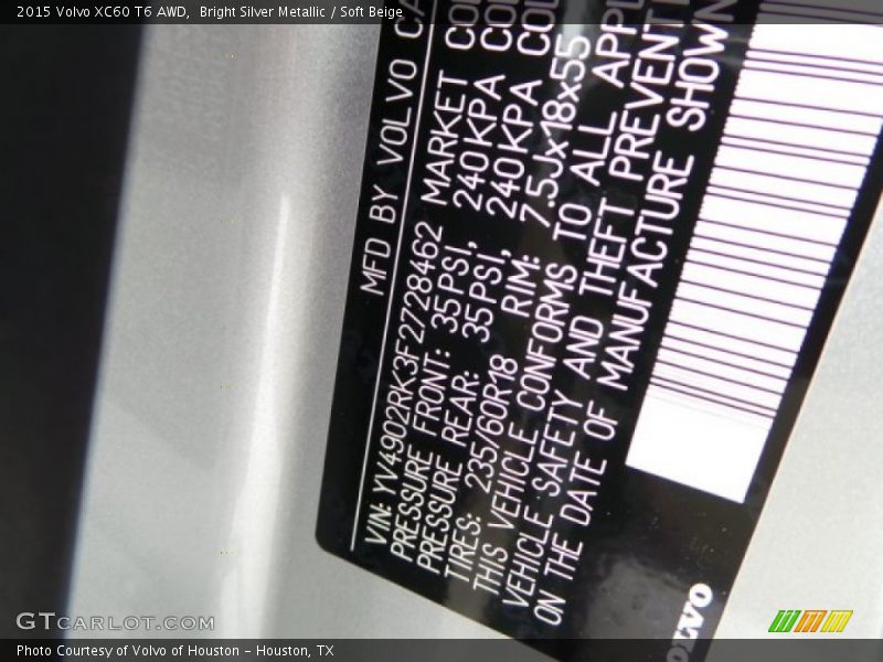 Bright Silver Metallic / Soft Beige 2015 Volvo XC60 T6 AWD
