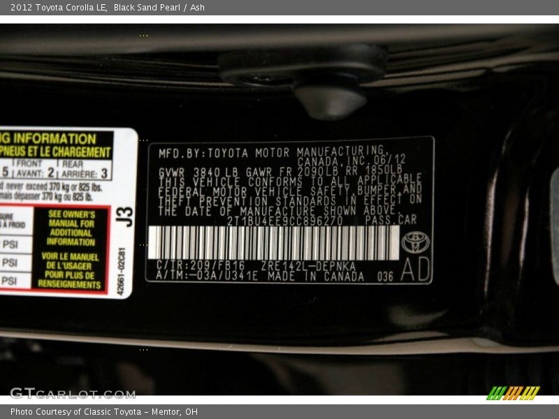 2012 Corolla LE Black Sand Pearl Color Code 209