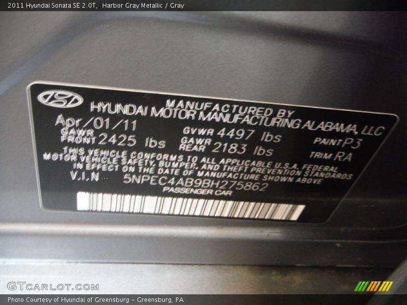Harbor Gray Metallic / Gray 2011 Hyundai Sonata SE 2.0T