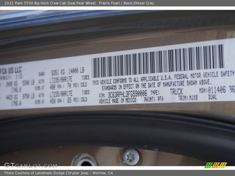 2015 3500 Big Horn Crew Cab Dual Rear Wheel Prairie Pearl Color Code PFA