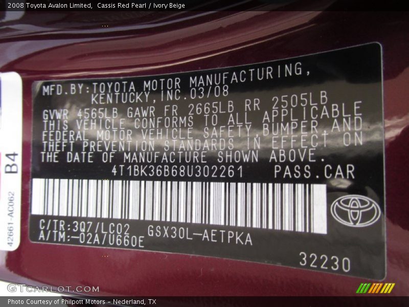 2008 Avalon Limited Cassis Red Pearl Color Code 3Q7