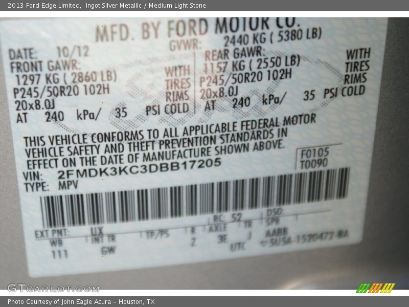 Ingot Silver Metallic / Medium Light Stone 2013 Ford Edge Limited