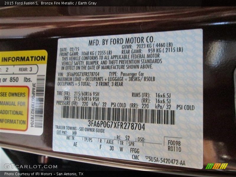 Bronze Fire Metallic / Earth Gray 2015 Ford Fusion S