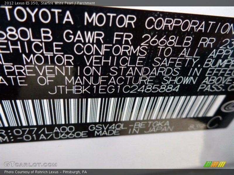 Starfire White Pearl / Parchment 2012 Lexus ES 350