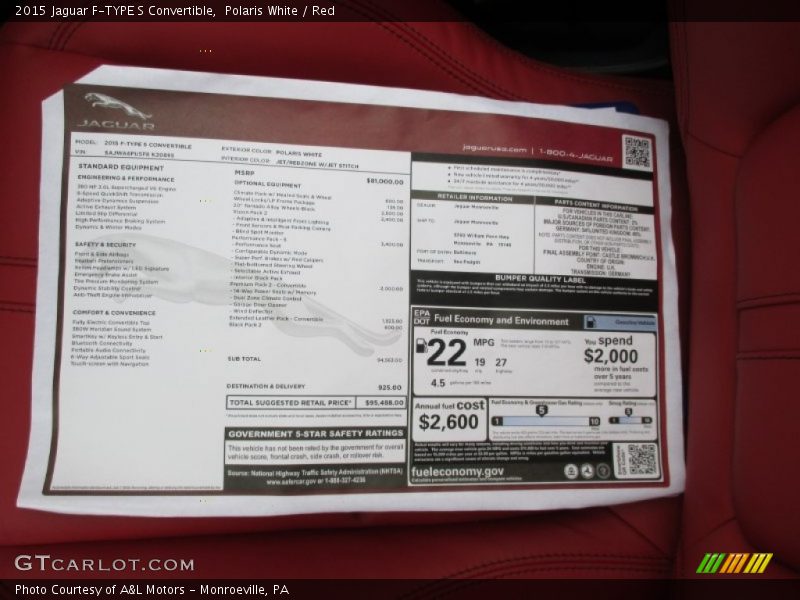 2015 F-TYPE S Convertible Window Sticker