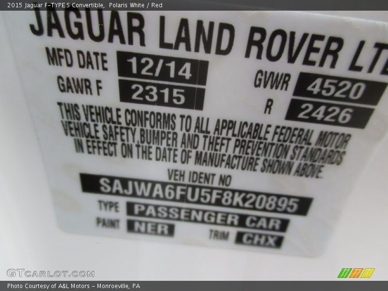 2015 F-TYPE S Convertible Polaris White Color Code NER