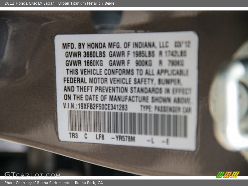 Urban Titanium Metallic / Beige 2012 Honda Civic LX Sedan