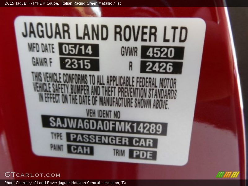 2015 F-TYPE R Coupe Italian Racing Green Metallic Color Code CAH