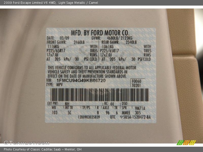 2009 Escape Limited V6 4WD Light Sage Metallic Color Code NH