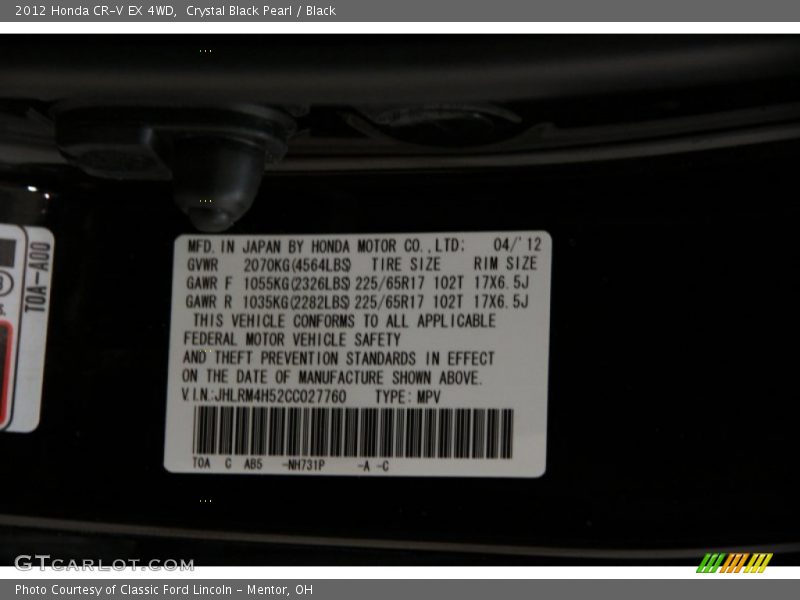 Crystal Black Pearl / Black 2012 Honda CR-V EX 4WD
