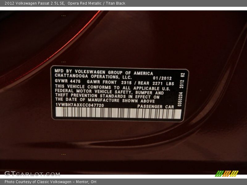 Opera Red Metallic / Titan Black 2012 Volkswagen Passat 2.5L SE