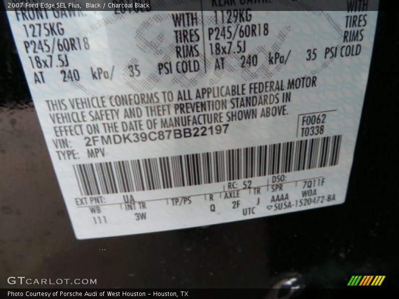 Black / Charcoal Black 2007 Ford Edge SEL Plus