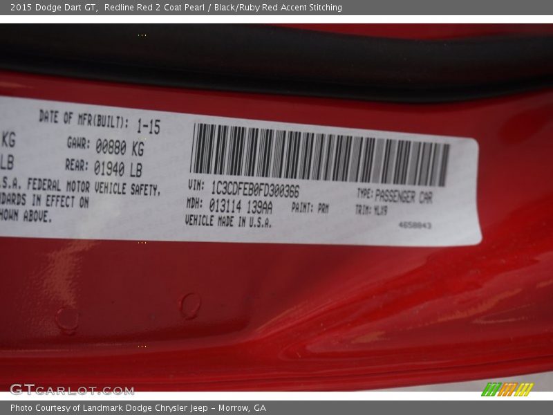Redline Red 2 Coat Pearl / Black/Ruby Red Accent Stitching 2015 Dodge Dart GT
