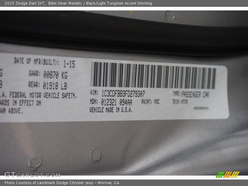 Billet Silver Metallic / Black/Light Tungsten Accent Stitching 2015 Dodge Dart SXT