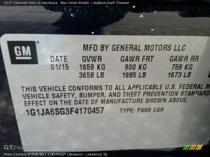 Blue Velvet Metallic / Jet Black/Dark Titanium 2015 Chevrolet Sonic LS Hatchback