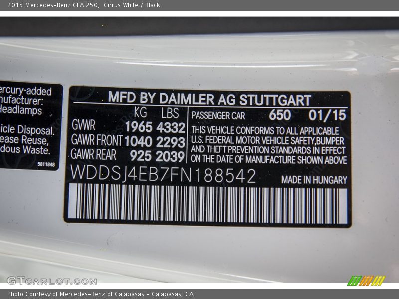 Cirrus White / Black 2015 Mercedes-Benz CLA 250