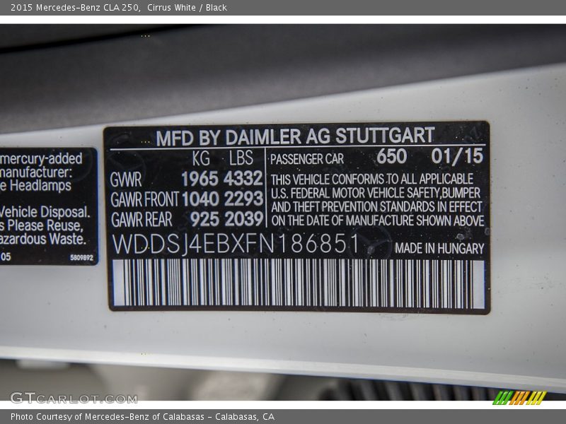 Cirrus White / Black 2015 Mercedes-Benz CLA 250