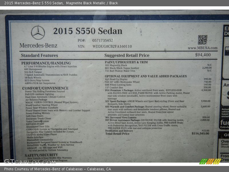  2015 S 550 Sedan Window Sticker