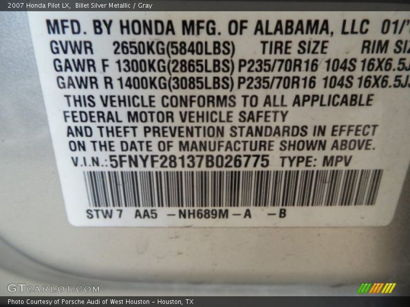 Billet Silver Metallic / Gray 2007 Honda Pilot LX