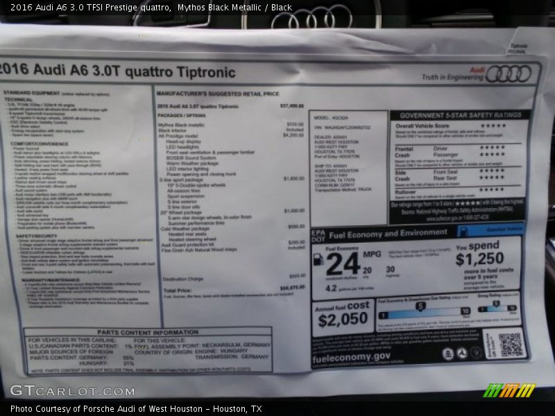  2016 A6 3.0 TFSI Prestige quattro Window Sticker