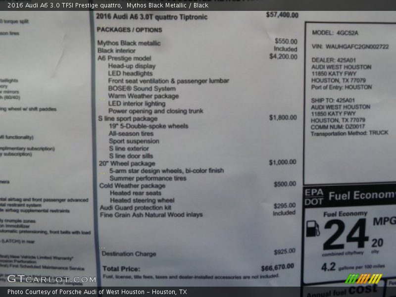  2016 A6 3.0 TFSI Prestige quattro Window Sticker