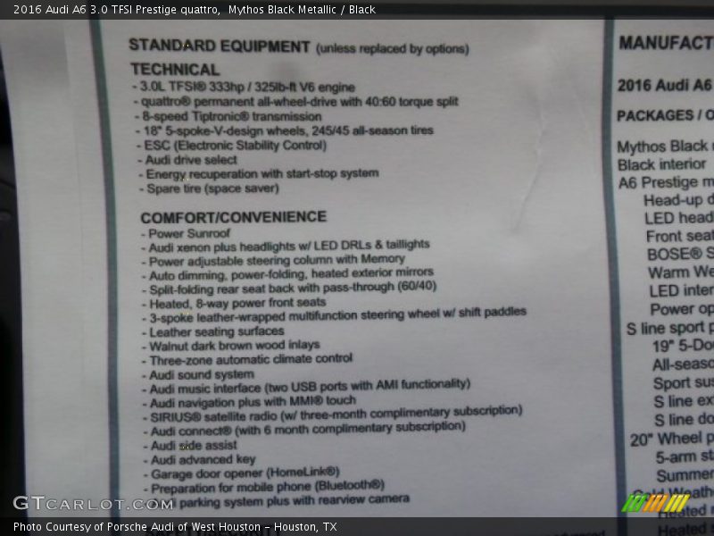  2016 A6 3.0 TFSI Prestige quattro Window Sticker