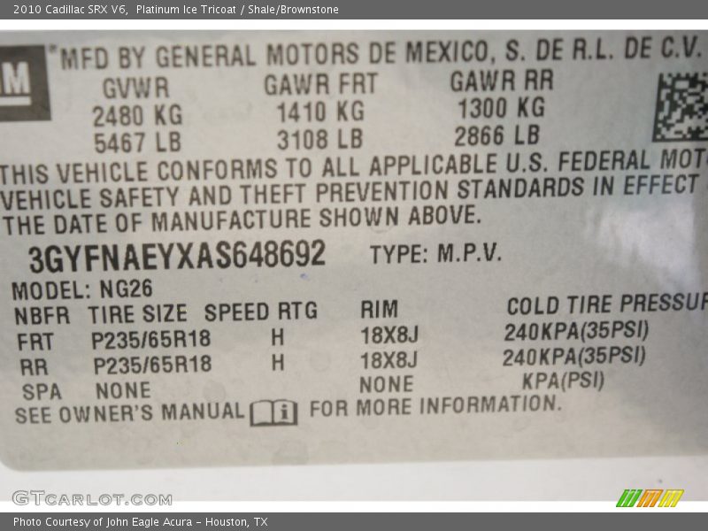 Platinum Ice Tricoat / Shale/Brownstone 2010 Cadillac SRX V6