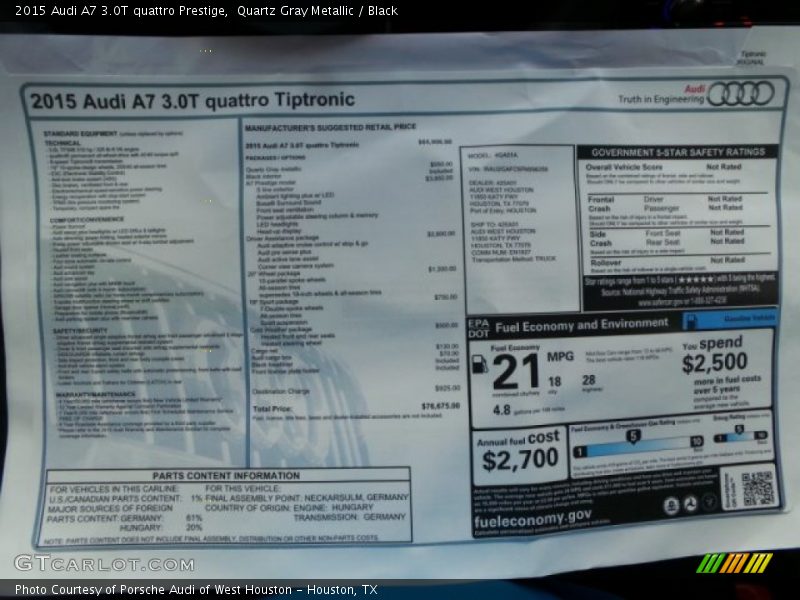  2015 A7 3.0T quattro Prestige Window Sticker