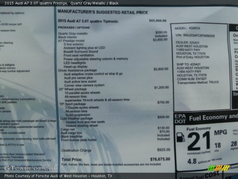  2015 A7 3.0T quattro Prestige Window Sticker