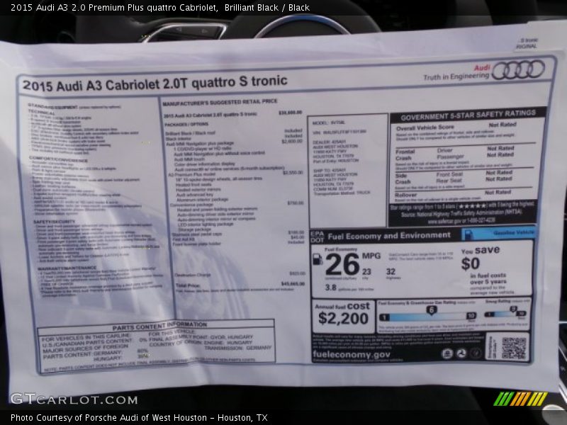  2015 A3 2.0 Premium Plus quattro Cabriolet Window Sticker