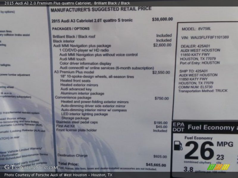  2015 A3 2.0 Premium Plus quattro Cabriolet Window Sticker