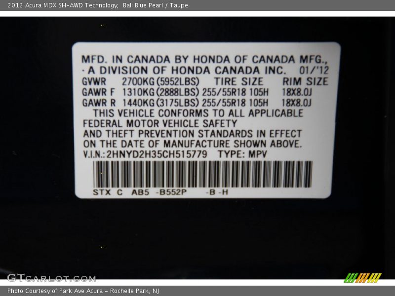 Bali Blue Pearl / Taupe 2012 Acura MDX SH-AWD Technology