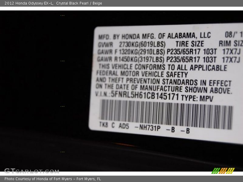 Crystal Black Pearl / Beige 2012 Honda Odyssey EX-L